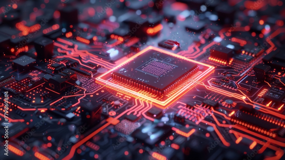 Poster This futuristic concept visualization shows a CPU processor microchip in the process of processing data and the development of artificial intelligence. Electric lines are connected into a symbol for