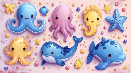An underwater animals modern illustration set featuring bright icons stickers of cute sea animals, including ocean baby crabs, turtles, octopus, dolphins, seahorses, shells, starfish, and whale - obrazy, fototapety, plakaty