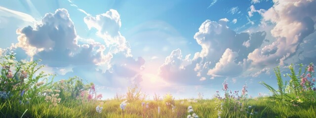 Sunlit Flower Meadow with Fluffy Clouds Sky
 - obrazy, fototapety, plakaty