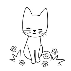 cute hand drawn black and white cartoon character smiling cat in the meadow vector illustration with daisy flowers and grass for coloring art