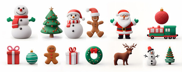 Naklejka premium 3d Icon Collection of Christmas Holiday Toys and Decorations: Snowman, Santa, Gingerbread Man