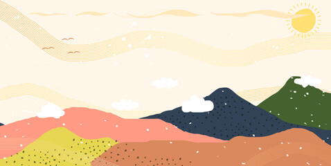 Hand Drawn Mountain Sunset Background Vector. Minimalist Gold Line Art Background. Abstract Mountain Background Wallpaper Design Can Be Use For Prints, Wall Arts Decoration and Canvas Prints