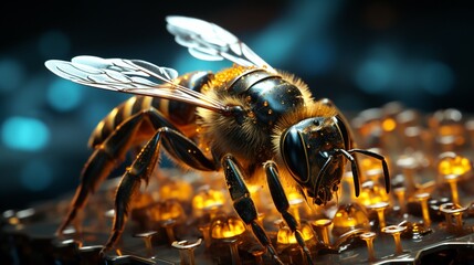 Cybernetic bees buzzing around a mainframe hive - obrazy, fototapety, plakaty