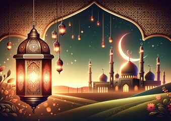 Eid al-Fitr features a lantern and a mosque window in the background, designed to capture the essence of Islamic greeting cards with a festive atmosphere