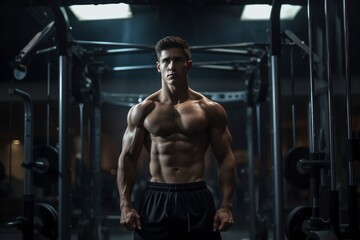 Fototapeta na wymiar Bodybuilder with big muscles stands by a machine in the gym and looks at the camera
