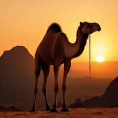 camel in the desert against the background of sand and sky.