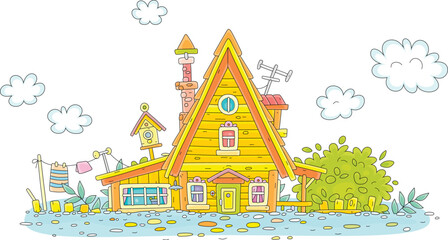 Little wooden village house half inundated with water from a river during spring flood in countryside, vector cartoon illustration on a white background
