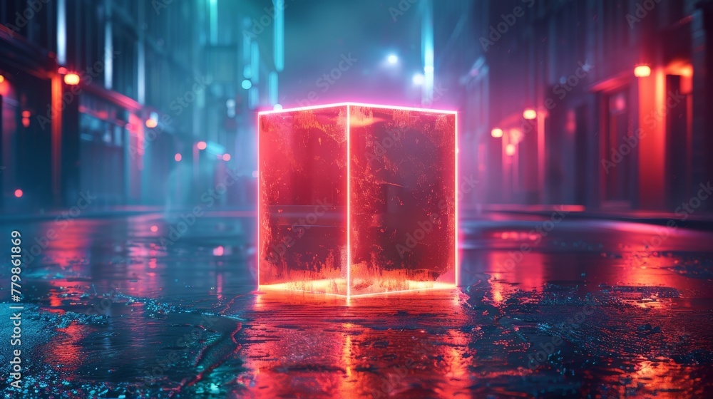 Poster abstract blue neon background with holographic cube glowing in the dark, floating above a city stree
