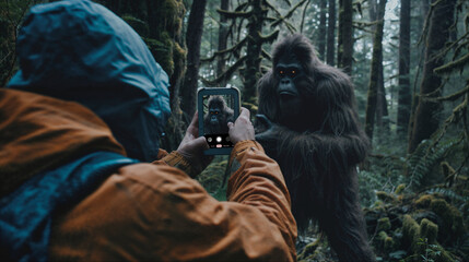 Hiker takes photo of a Bigfoot or Sasquatch type cryptid in the forest - obrazy, fototapety, plakaty