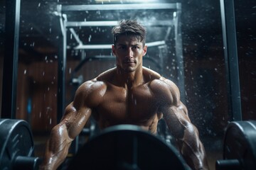 Fototapeta na wymiar Bodybuilder with big muscles sits at the machine in the gym and looks at the camera