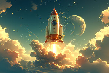 Space rocket going up, creative concept. - obrazy, fototapety, plakaty