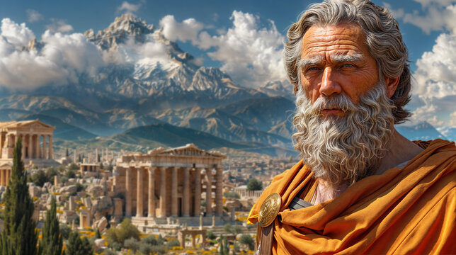 Greek philosopher with ancient Greek city and mountains in the background