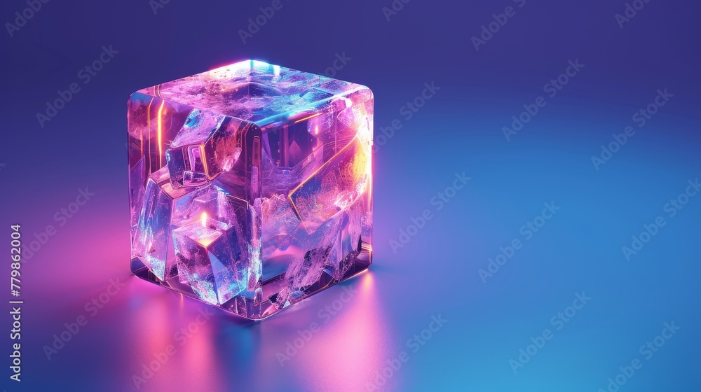Poster the abstract cube has holographic purple texture and is isolated on blue background with a 3d modern