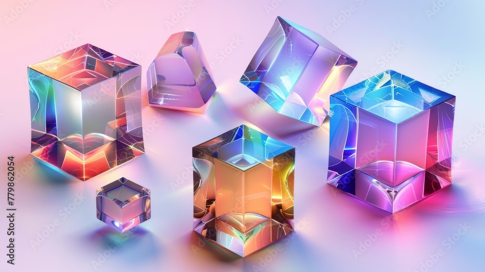 Poster three-dimensional modern illustration of transparent cubes in different angles with holographic effe