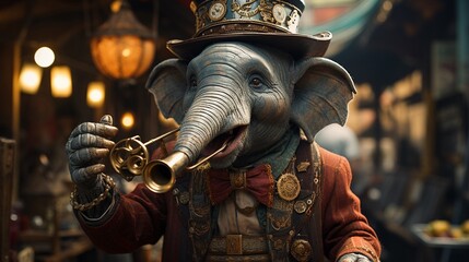 Retro elephant playing a trumpet