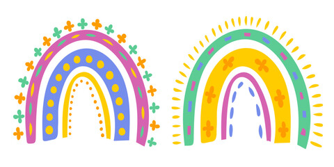 Vector set colorful rainbows in doodle style. Vector rainbow in Mexican style.