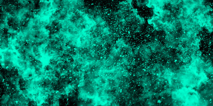 Abstract dynamic particles with soft blue clouds on dark background. Space hand painted watercolor background with aquarelle light mint color splash. Watercolor fantastic and grungy background.	
