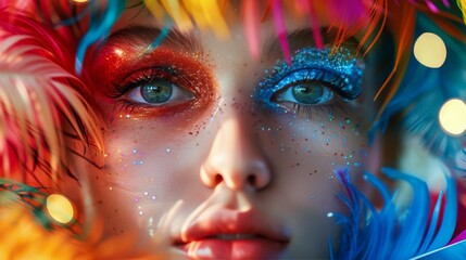 Woman With Bright Makeup and Feathers on Her Face
