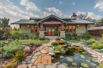 A Craftsman bungalow with an artfully landscaped front yard, featuring a custom-designed water feature, native plants, and a stone walkway leading to an intricately carved front door.