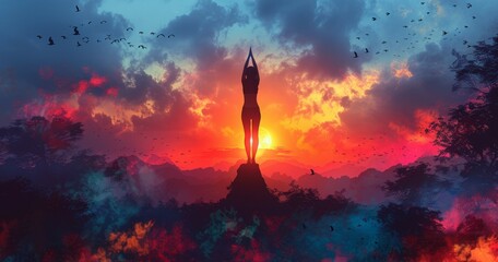 In this digital illustration, a girl is doing yoga at sunset in bright, fairyland colors against a mountain & bird background - obrazy, fototapety, plakaty