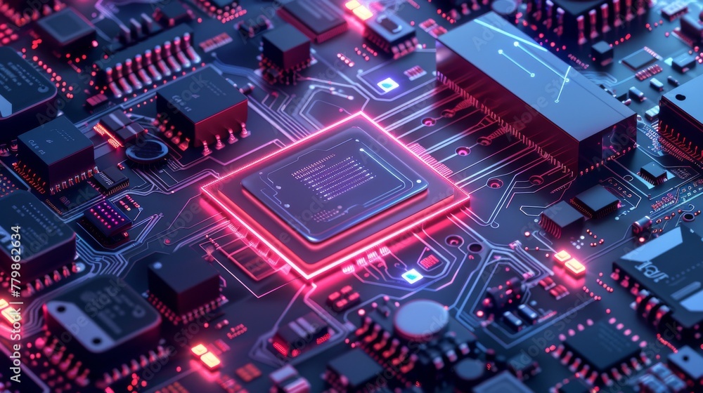 Aufkleber Concept of quantum computer, large data processing, and database. CPU isometric banner. Concept of central computer processors. Digital chip.