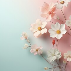 Delicate flowers, pastel hues, clean, minimal border, middle space
