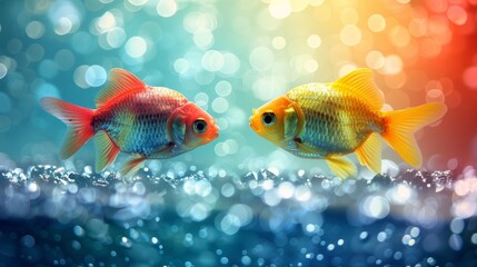   Two goldfish swim side by side against a backdrop of blue and green water Bubbles rise in the foreground