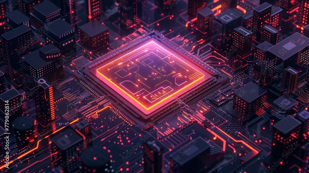 Poster Symbol for quantum computer, large data processing, database concept. Central Computer Processors CPU concept. Digital chip symbol.