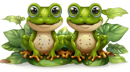   A couple of green frogs sit atop a smiling, green leafy plant