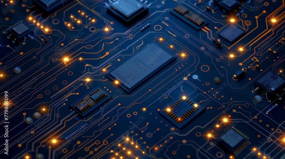 Fototapete Modern illustration of microchip processor circuit board technology on dark blue background. Information Processing Concept. Circuit board technology background.
