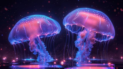   Two jellyfish adjacent, atop clear water, before a dark backdrop
