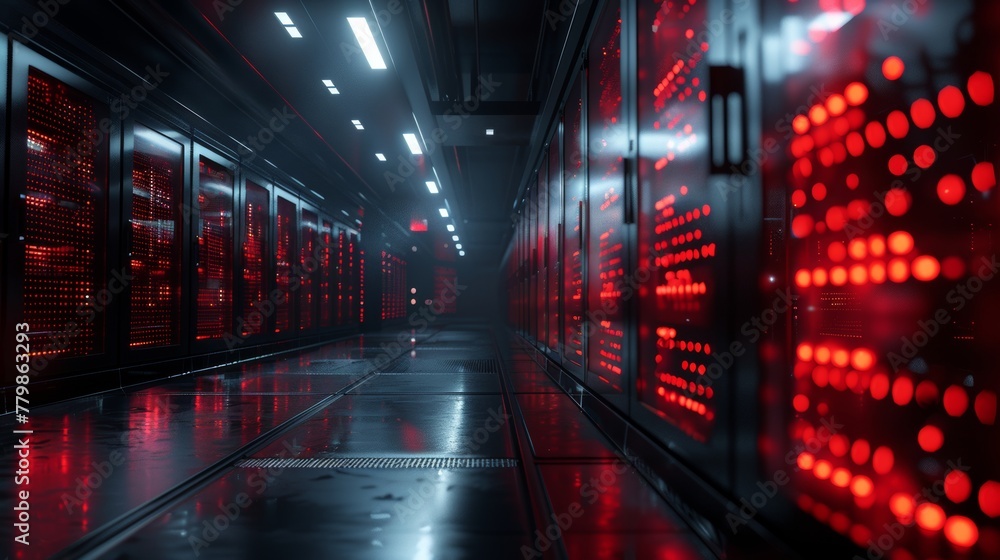 Poster an illustration in 3d about a data center.