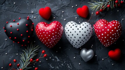 This is a pattern with red and white hearts on a black background as a congratulation for Valentine's Day, a holiday dedicated to love and friendship