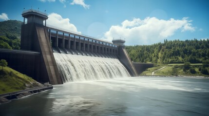 Hydroelectric dam releasing water into a river under a clear blu
