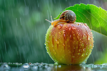 Macro of a snail with a brown shell crawling over a red apple in rain.