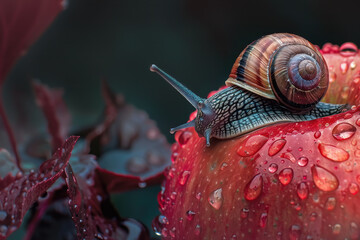 Macro of a snail with a brown shell crawling over a red apple with rain drops.