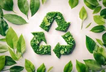 Recycling symbol made of lush green leaves and moss on a white background, surrounded by various fresh leaves, representing eco-friendliness and environmental conservation.