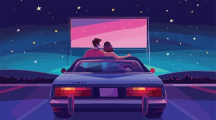 Fotobehang Couple at car cinema. Romantic dating in drivein © Blue