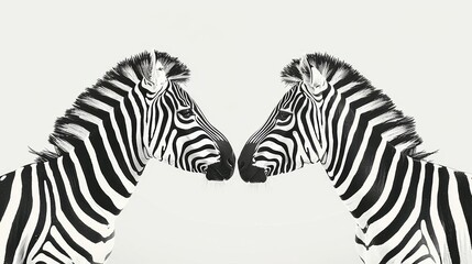 Fototapeta na wymiar Two zebras face each other, heads close, against a white background