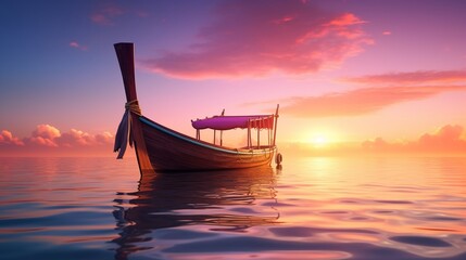 Traditional longtail boat on pristine Thai waters, sunset glow, documentary