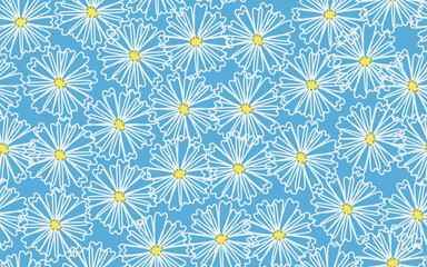 Contour drawing of daisies isolated on a blue background. Seamless pattern with editable stroke. White chamomiles. Background for cover, textile, dishes, interior decor.