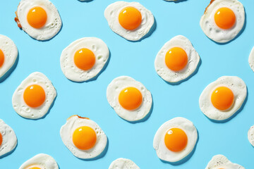 Pattern of fried eggs on blue background with central egg