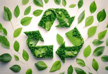 Recycling symbol made of lush green leaves on a neutral background, representing eco-friendliness and environmental conservation.