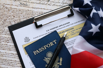 Department of State form DS11 Application for a U.S. Passport lies on table and ready to fill close up. Paperwork during operations with US Passport concept - obrazy, fototapety, plakaty