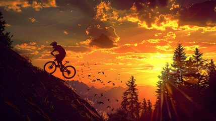 Silhouette of a Mountain Biker High Jumping against a Spectacular Sunset: A Vivid Portrayal of Adventure Sports