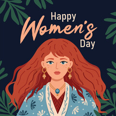 Illustration of a cute girl. A girl with long red hair. Spring girl. International Women's Day Vector illustration