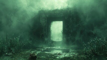   A doorways figure emerges amidst the mist-shrouded forest, where a solitary figure sits, awaiting before it
