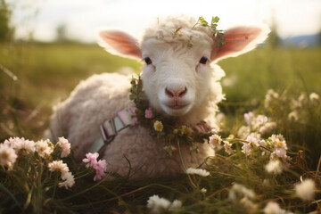 A fluffy lamb wearing a flower crown, grazing in a meadow.