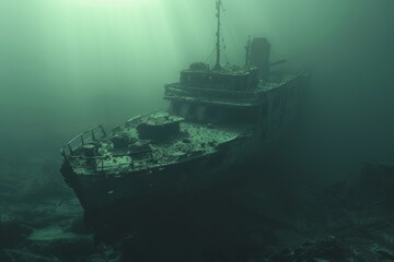 A shipwreck is seen in the ocean with a lot of debris and fish swimming around it. Scene is eerie and mysterious, as the ship is long gone and the ocean is filled with life