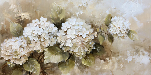Oil painting with white hydrangea flowers on beige background. - obrazy, fototapety, plakaty